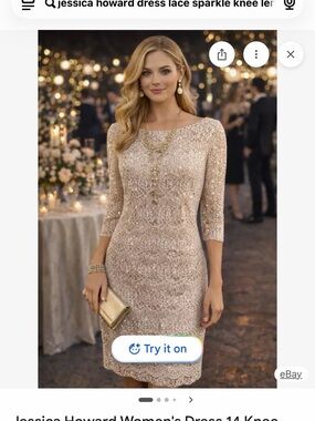 Jessica Howard Champagne Lace Midi Dress with Three-Quarter Sleeves